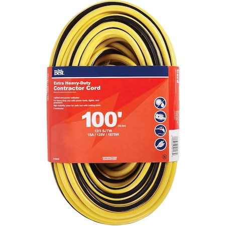 SJTW Extension Cord, 12 AWG, Outdoor, 12/3, 1 Outlets, Black/Yellow, 100 ft